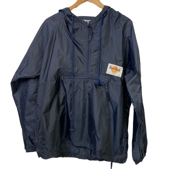 Hard Rock Cafe Jacket Blue Vintage Rain Pancho In A Bag Large Hooded Pullover - Picture 1 of 6